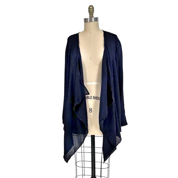 Eileen Fisher Silk Open Waterfall Cardigan size Large Semi-Sheer Ribbed Navy - Picture 1 of 9